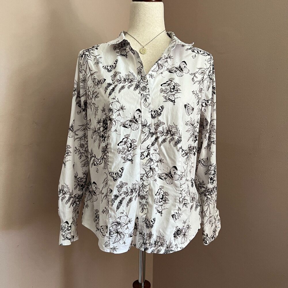 Talbots Butterfly Floral Button Down Shirt White Black Botanical Non Iron 14P